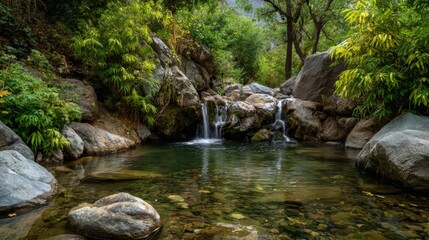 Serene Nature Scene Featuring Tranquil Stream and Cascading Waterfalls Surrounded by Lush Greenery and Smooth Rocks in a Peaceful Forest Setting