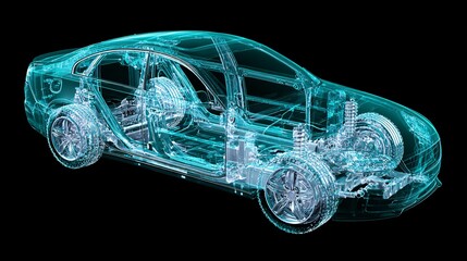 Naklejka premium Wireframe Cutaway Car – Futuristic 3D Powertrain Model