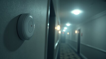 Dimly Lit Hotel Corridor Featuring Round Smoke Detector on Wall with Soft Ambient Lighting and Mysterious Atmosphere Evoking Intrigue and Suspense