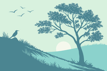 Minimalist Nature Silhouette Illustration &ndash; Tree and Bird at Sunrise