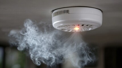 Smoke alarm detecting smoke with warning light illuminated, showcasing safety and fire prevention in a modern indoor environment with smoke swirling