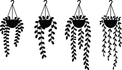 Minimal hanging plant silhouettes, trailing vine houseplants, modern boho wall decor illustration, black and white botanical design for interior styling