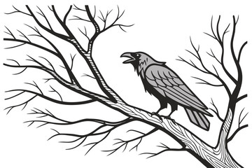 Gothic Raven on Bare Tree Branch Line Art Illustration