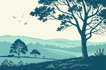 Rolling Hills Countryside Illustration &ndash; Teal Monochromatic Landscape