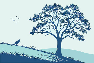 Minimalist Blue Landscape Illustration &ndash; Crow on Grassy Hill at Dawn