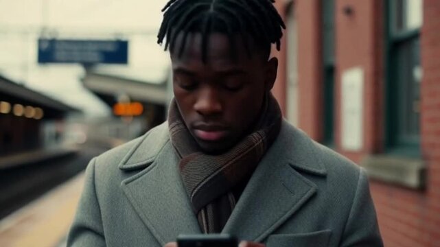 A black man intently reading a message on his cell phone before looking at the train platform: a concept of mobile communication and urban stress