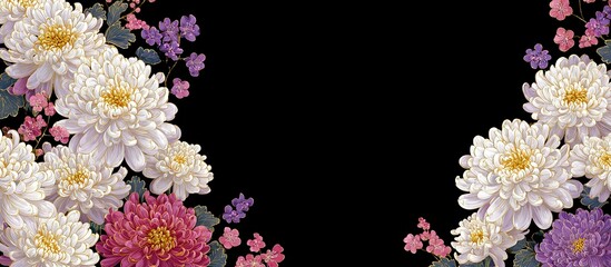 Elegant, chic, vintage seamless repeatable pattern featuring horizontal frame, black background, white traditional Asian chrysanthemum flowers, small pink and purple 