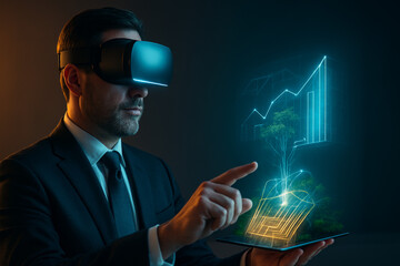 Man in VR headset interacting with futuristic financial data visualization.