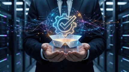 Businessman holding glowing digital gear and checkmark symbol above open box in server room technology