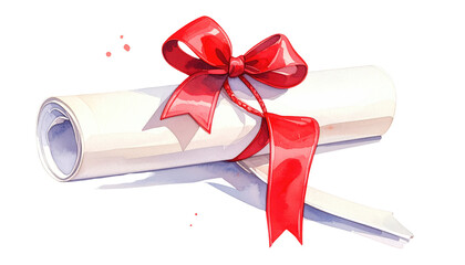 Rolled parchment tied with a bright red ribbon, casting a gentle shadow. Simple, celebratory, and elegant