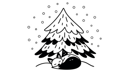 sleepy fox curled up under decorated pine tree