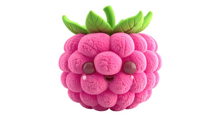 Fluffy pink raspberry with cute face and green leaves on black background