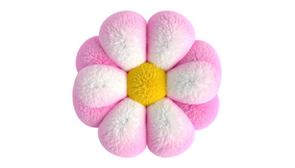 Fluffy flower with alternating pink and white petals and a yellow center, isolated on a black background