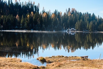 Prebersee in Lungau , Spiegelungen der Berge im See mit Schnee