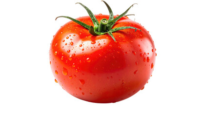 A vibrant, wet red tomato with green stem, against a black backdrop, showcasing freshness