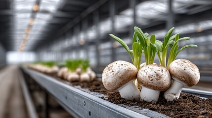 Lush herbs and healthy mushrooms thrive in a spacious greenhouse, showcasing growth and vitality in agriculture