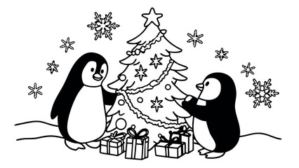 two penguins decorating christmas tree with ornaments