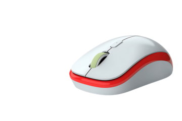 Modern Wireless Computer Mouse, White with Red Accent, Isolated on Transparent Background, Close-Up Product Shot