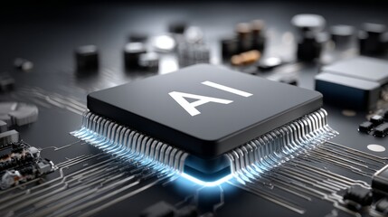 A cutting-edge AI chip shines on a sleek circuit board, embodying today's digital innovation