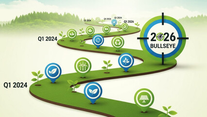 Obraz premium The Green Path to 2026: An inviting illustration depicts a vibrant, winding road, symbolizing a clear path to achieving the 2026 target. This imagery fosters a sense of progress, growth.