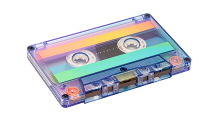 Clear cassette tape filled with rainbow stripes against a black background, side angle, showing spools and details