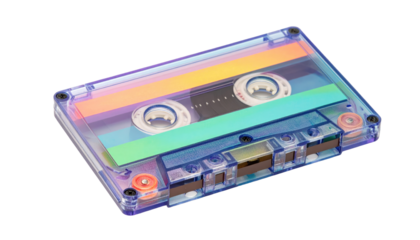Clear cassette tape filled with rainbow stripes against a black background, side angle, showing spools and details