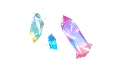 Three vibrant, multi-faceted, gem-like crystals float against a black background, showcasing iridescent colors