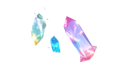 Three vibrant, multi-faceted, gem-like crystals float against a black background, showcasing iridescent colors
