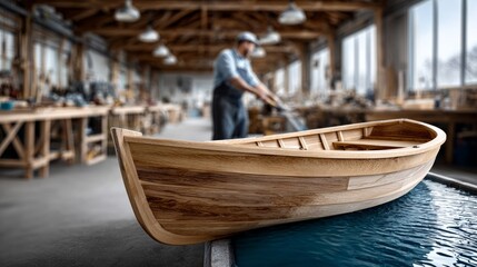 A dedicated artisan works on a beautiful wooden boat in a sunlit workshop filled with tools and inspiration