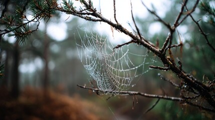 Delicate spider web adorned with morning dew on a tree branch in a misty forest setting surrounded by lush greenery and soft natural light