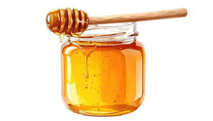 Jar of golden honey with dipper stick sits atop, with viscous honey dripping, against black