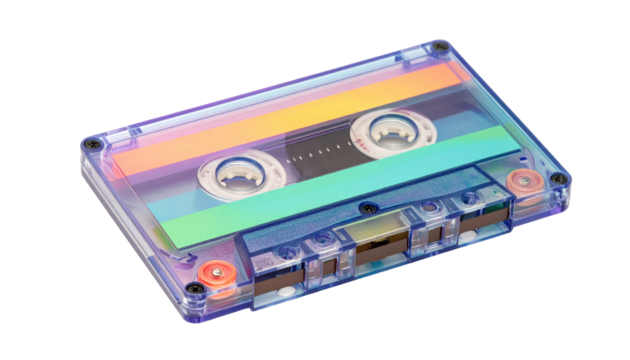 Clear cassette tape filled with rainbow stripes against a black background, side angle, showing spools and details - Powered by Adobe