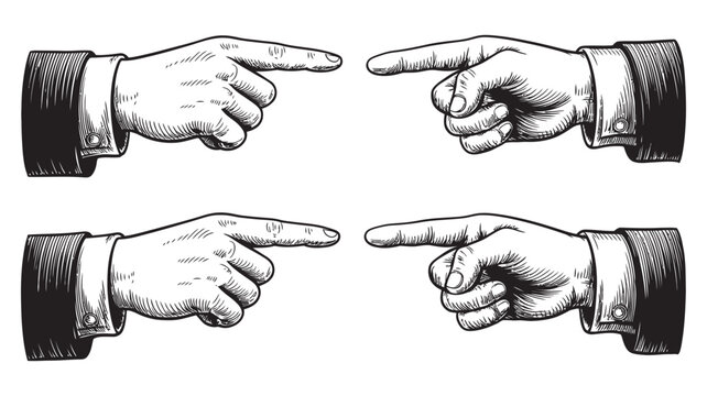 Four hands pointing fingers at each other, representing accusation, blame, disagreement, and conflict in a business or social context, illustration.