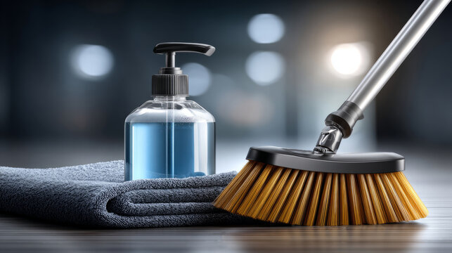 A neat cleaning setup includes a bottle of blue liquid and a broom atop a soft towel, showcasing hygiene - Powered by Adobe