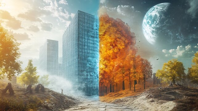 Dystopian vs utopian depiction of atomic energy usage showing two parallel worlds different outcomes