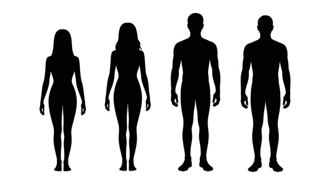 Silhouettes of four diverse people, two female and two male, standing together representing variety in human form and gender, isolated on white.