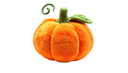 Plush, textured pumpkin toy with green stem, tendril, and leaf, isolated against a black background