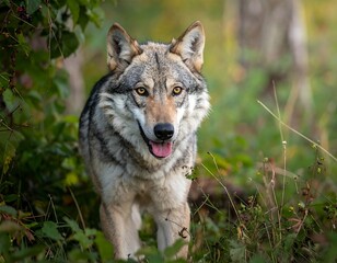 Obraz premium A gray wolf emerges from foliage, gazing forward with a slight grin