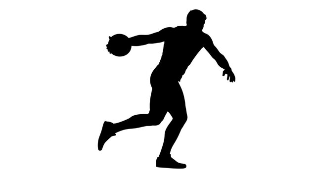 Silhouette of a male athlete preparing to throw a discus in a track and field event, showcasing dynamic motion and strength.