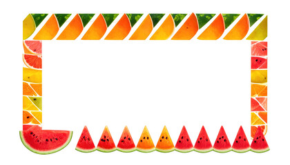 A colorful fruit frame featuring watermelon, orange, and grapefruit slices against a black background
