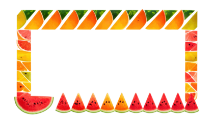 A colorful fruit frame featuring watermelon, orange, and grapefruit slices against a black background