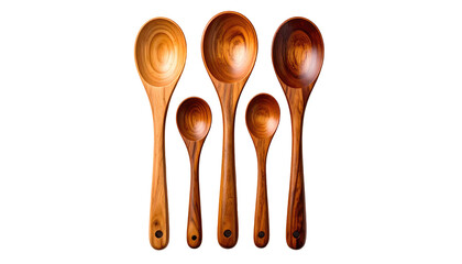 Five wooden spoons of varying sizes, neatly arranged against a dark backdrop, show off their natural wood grain