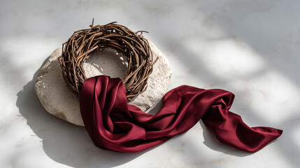 Rustic grapevine wreath decorated with flowing burgundy satin ribbon lying on stone against marble background for elegant holiday concept