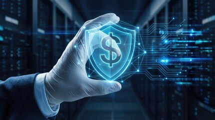 Hand in glove holding digital shield with dollar sign in server room