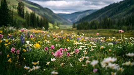 Vibrant Wildflower Meadow in Mountain Valley with Scenic Green Landscape and Cloudy Sky, Capturing Nature's Beauty and Serenity in Summer