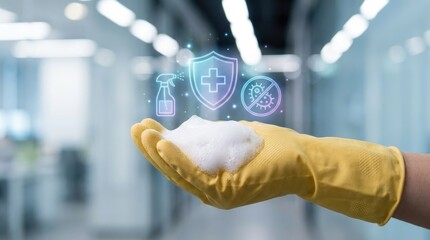 Hand in yellow glove holding foam with hygiene and protection digital icons cleaning sanitation