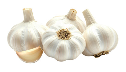 Group of white garlic bulbs with one peeled clove set against a dark, contrasting backdrop