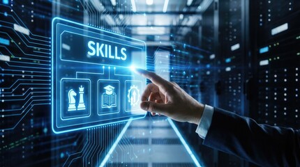 Hand touching digital screen with SKILS and icons for strategy education and success in server room