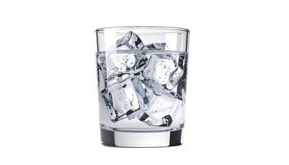 A short tumbler glass filled with clear ice cubes and a liquid, set against a dark, stark background