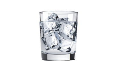 A short tumbler glass filled with clear ice cubes and a liquid, set against a dark, stark background